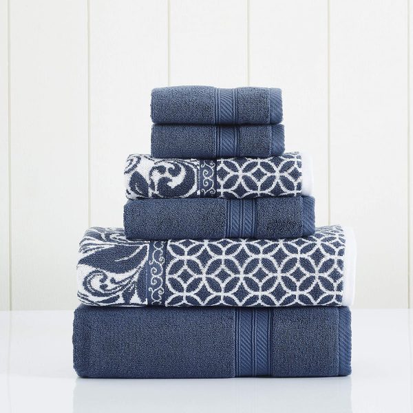 Amrapur Overseas | Trefoil Filigree 6 Piece Reversible Yarn Dyed Jacquard Towel Set (Indigo)