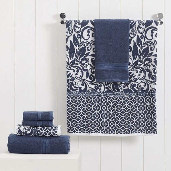 Amrapur Overseas | Trefoil Filigree 6 Piece Reversible Yarn Dyed Jacquard Towel Set (Indigo) - Image 4