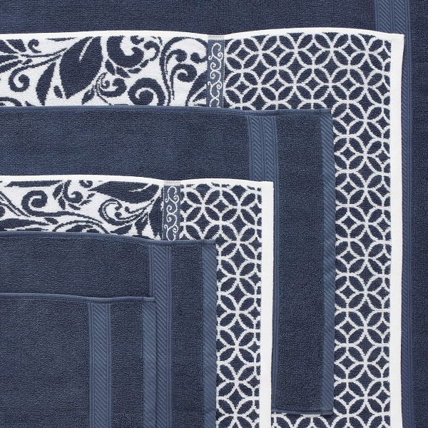 Amrapur Overseas | Trefoil Filigree 6 Piece Reversible Yarn Dyed Jacquard Towel Set (Indigo) - Image 5